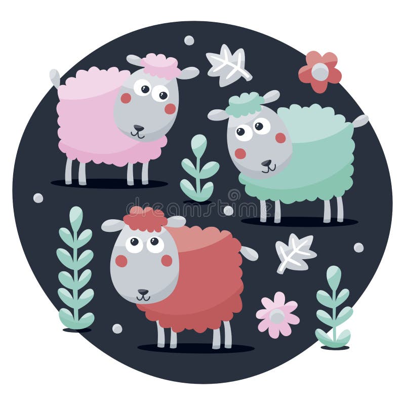 Ovejas, flores, animales, plantas y bulbos lindos del sistema stock de ilustración Ovejas, flores, animales, plantas y bulbos lindos del sistema stock de ilustración