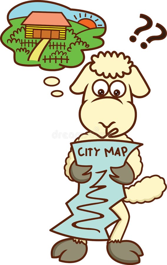 Ovejas perdidas que miran la historieta del mapa de la ciudad stock de ilustración Ovejas perdidas que miran la historieta del mapa de la ciudad stock de ilustración