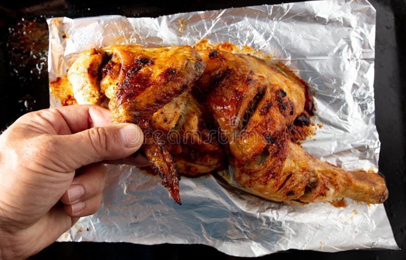 Oven Baked Chicken in Foil. Hand Cook Man Stock Photo Image of hand, poultry 178983888