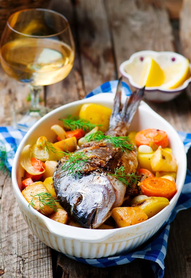 Oven Baked Fish and Vegetables Stock Image Image of fresh, fillets