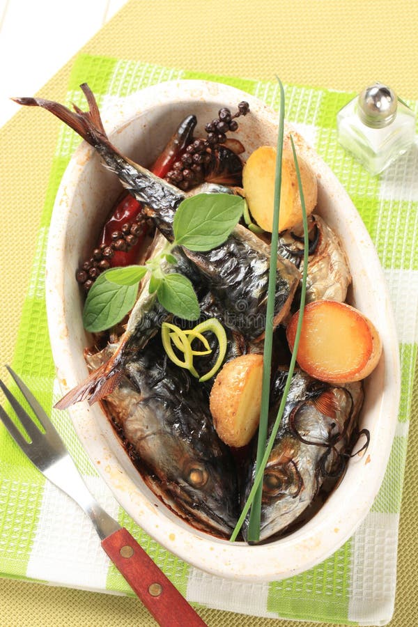 Oven baked mackerel with new potatoes