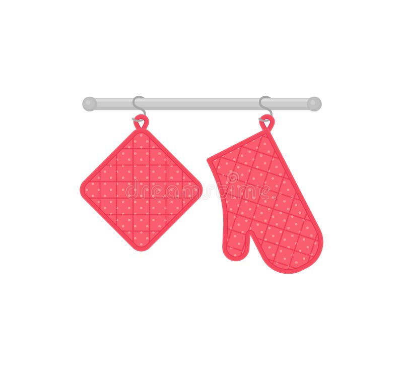 Oven Mitt and Potholder Hanging on Rack. Vector Illustration