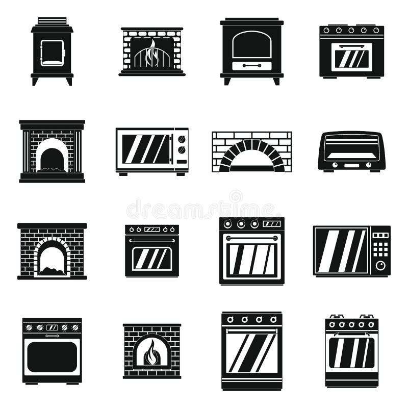 Oven stove fireplace icons set, simple style vector illustration