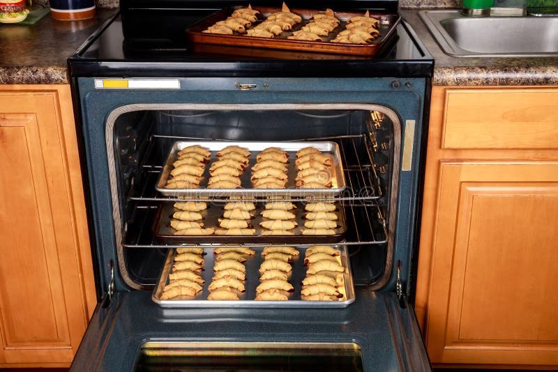 Oven Tray with Baked Crescent Cookies in Oven Stock Photo Image of