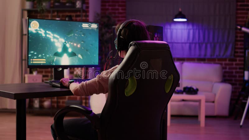 Man Streaming Multiplayer Online First Person Shooter on Pc while Gaming  Girl is Fighting in Virtual Reality Game Stock Photo - Image of headphones,  stream: 259471122