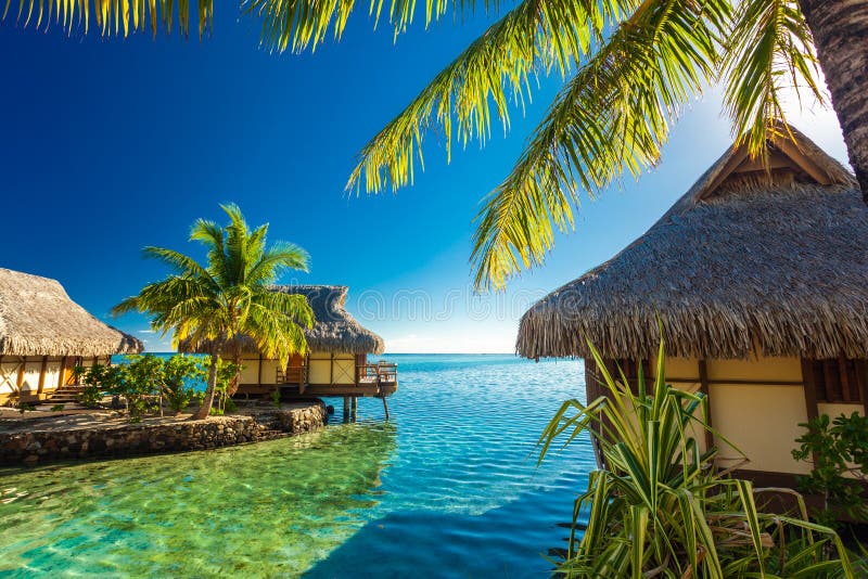 Over Water Bungalows and Green Lagoon, Moorea, French Polynesia Stock ...