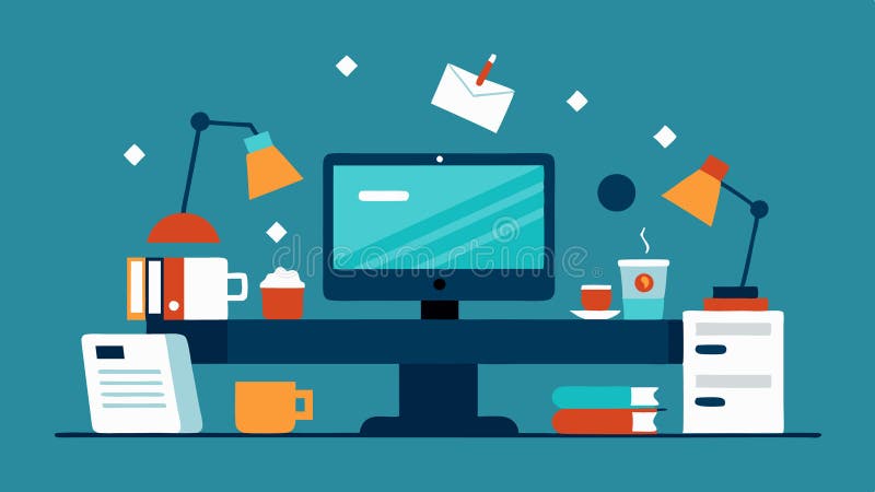 Overburdened Desk An of an overflowing desk cluttered with papers coffee cups and a flickering computer screen stock illustration