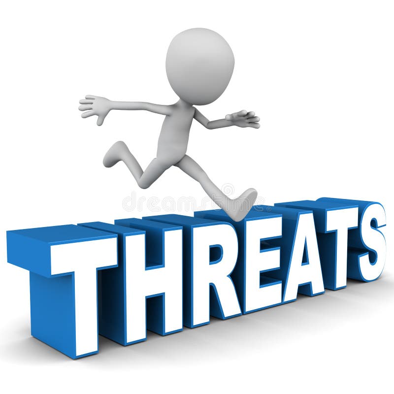 Overcome threats concept, man jumping over threats word over white base