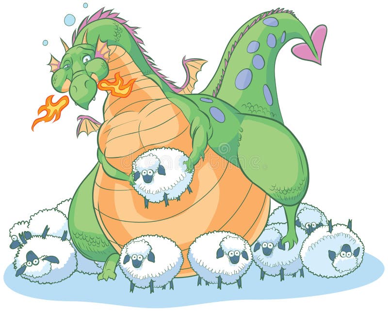 Overeating fat cartoon dragon with clueless sheep