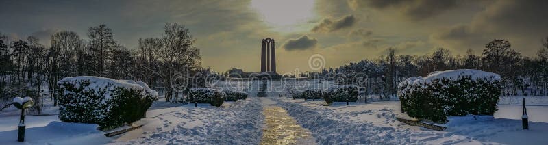 overfiltered artistic winter landscape panorama in Carol Park from Bucharest