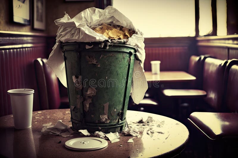 Overflowing Garbage Bin in Cafe or Restaurant after Dining Stock Illustration Illustration of