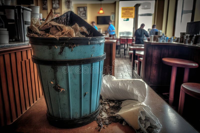 Overflowing Garbage Bin in Cafe or Restaurant after Dining Stock Illustration Illustration of
