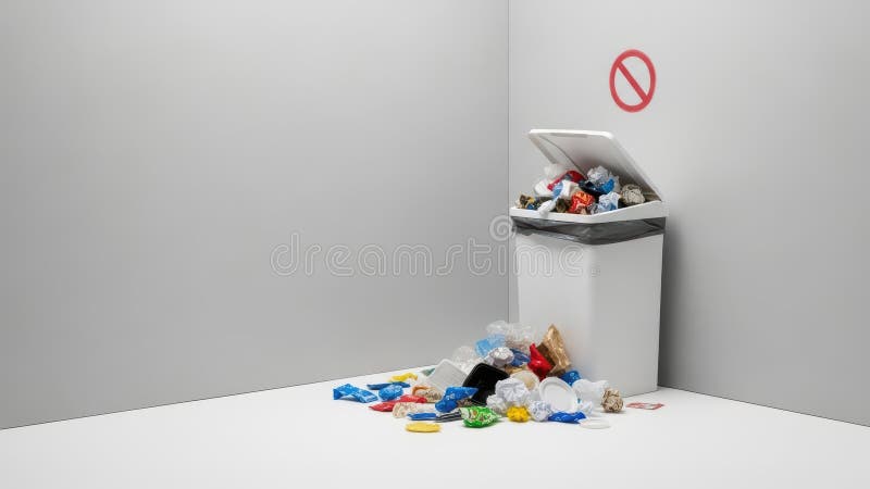 Overflowing trash bin with prohibited sign in minimalist setting royalty free stock photo