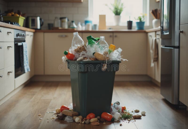 Overflowing trash can in a kitchen corner, highlighting waste management issues stock images