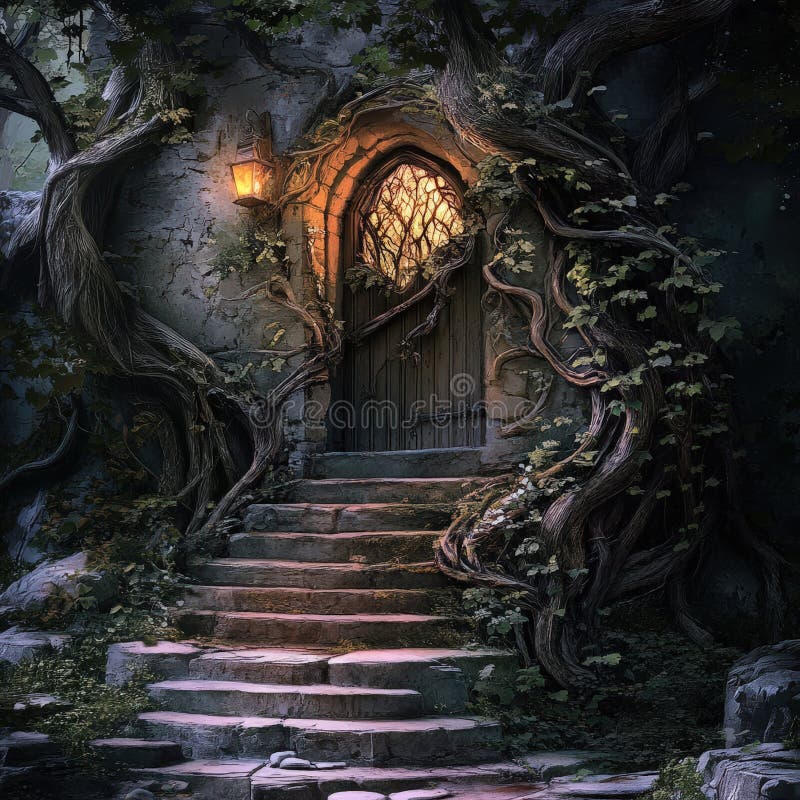 Overgrown fairytale doorway surrounded by twisted vines royalty free stock photography