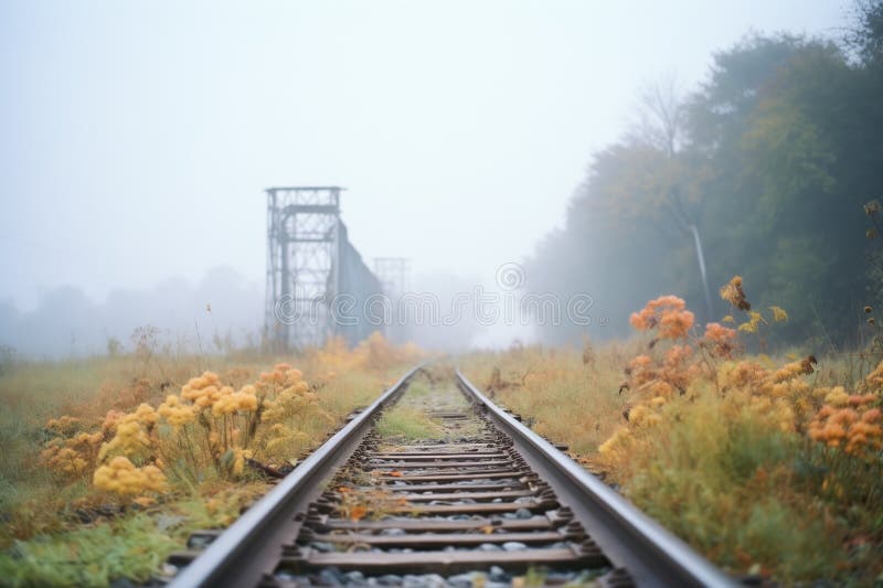 Overgrown railway tracks heading into fog vector illustration