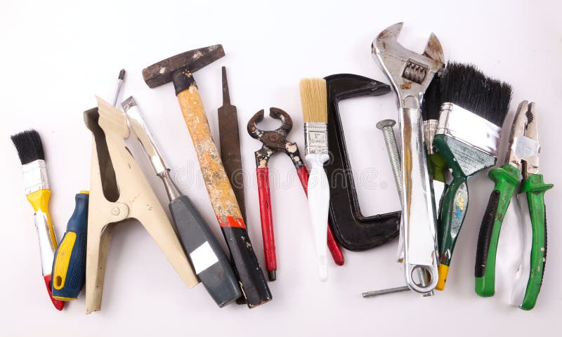 Overhandig hulpmiddelen op witte achtergrond stock foto