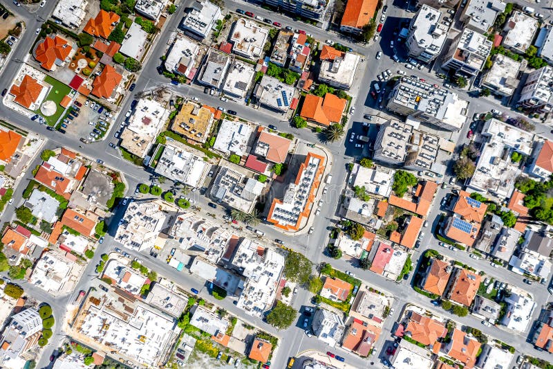 Overhead aerial view of city streets in Limassol. Cyprus