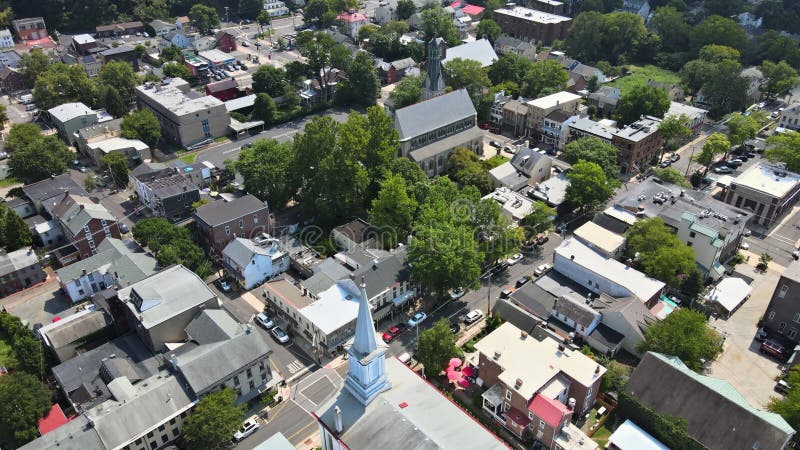 Overhead aerial view of the suburban area small town residential district with of Lambertville New Jersey US near the