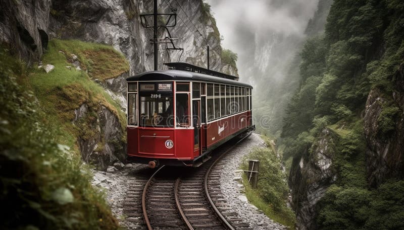 Overhead cable car travels through mountain range generated by AI