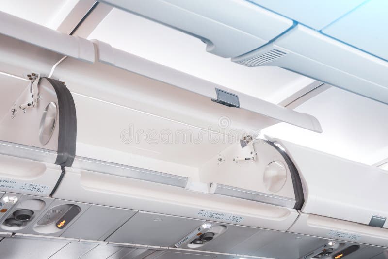 Overhead Compartment Plane . Luggage Rack Open Overhead Stock Photo