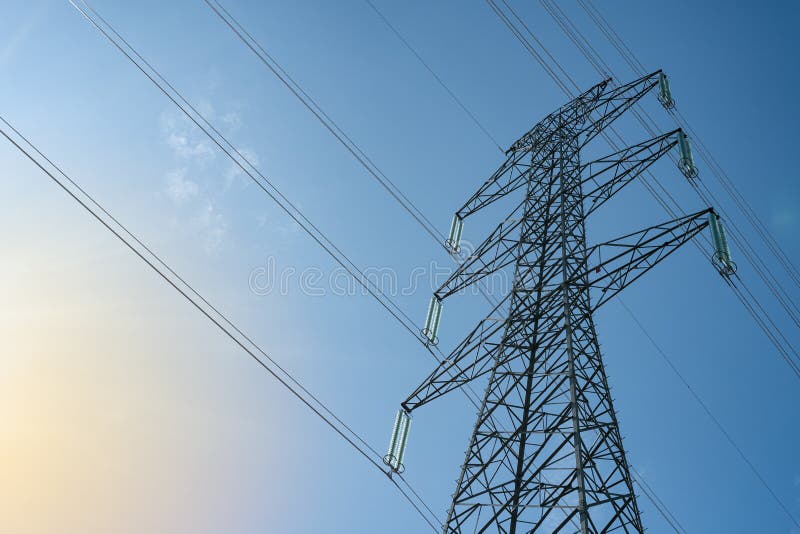 Overhead electrical power lines on a transmission tower