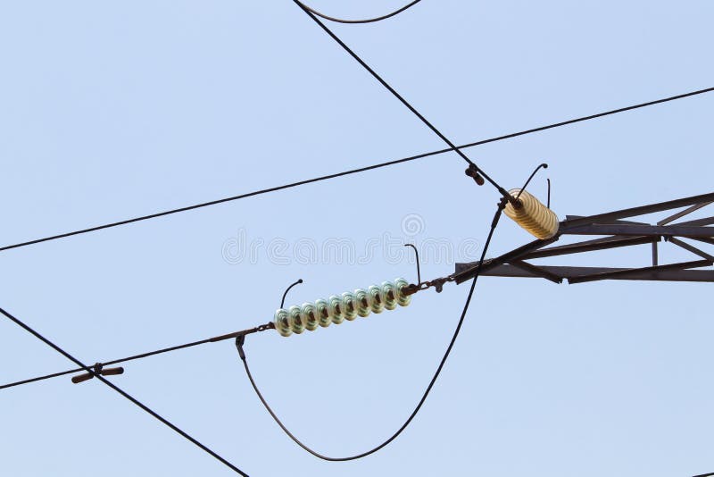High Voltage Power Line Insulators Intersection Abstract Stock Photo