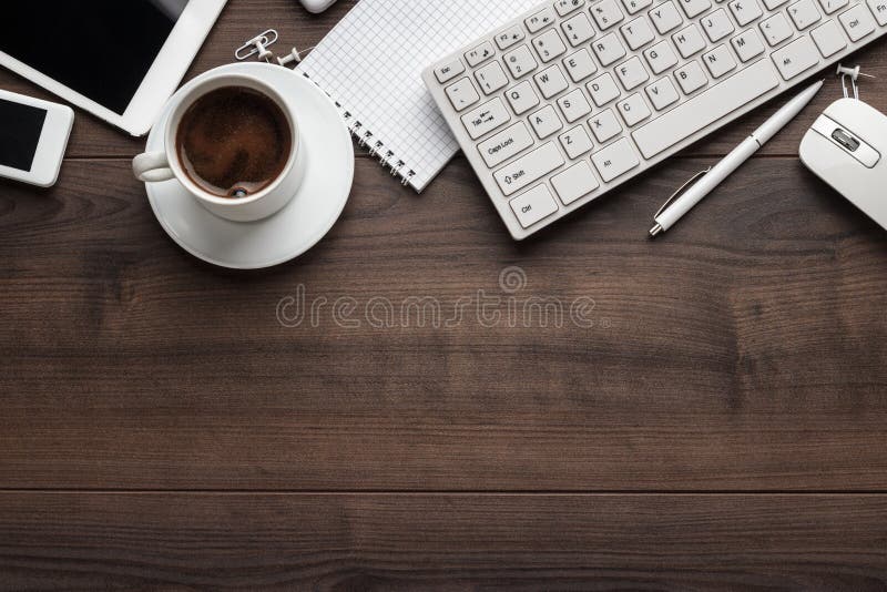 Overhead of office table with copy space stock image
