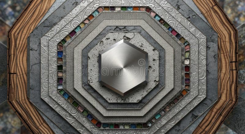 Intricate octagonal mechanical structure with central metallic hexagonal feature overhead view stock illustration