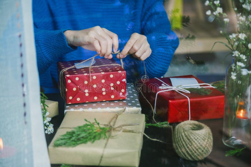 Overhead shot of Christmas presents and wrapping papers. stock photography Overhead shot of Christmas presents and wrapping papers. stock photography