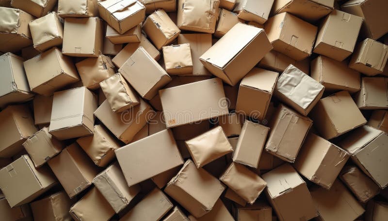 Overhead shot of heap of used, discarded cardboard boxes of various sizes. Post-use packaging materials pile. Boxes different royalty free illustration