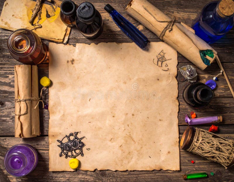 Overhead Shot of Vintage Writing Desk with Aged Paper Inks and Scrolls vector illustration