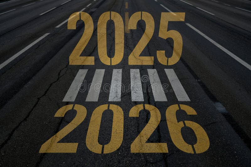 Overhead view of asphalt road with painted yellow numbers 2025 and 2026, marking transition stock illustration