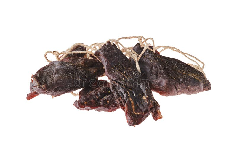 Overhead View of Dried Jerked Deer or Venison Meat Isolated on White