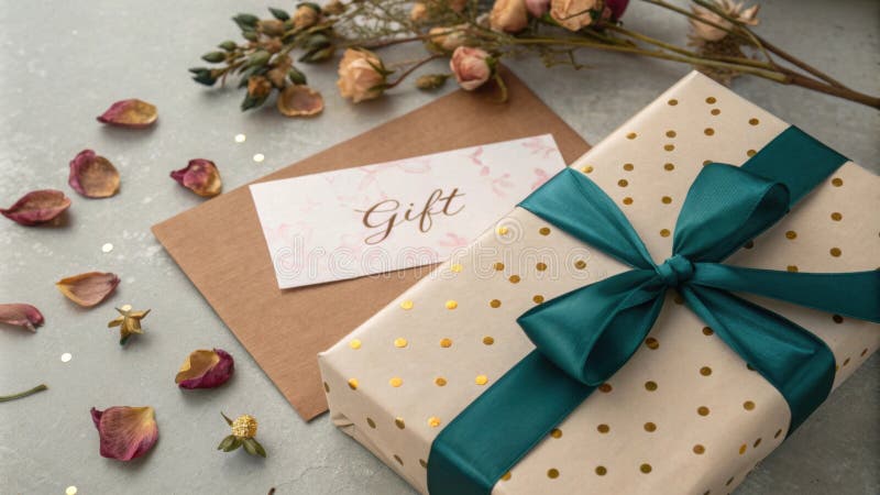 An overhead view of an elegantly wrapped rectangular gift using soft pastelcolored paper adorned with small gold dots royalty free stock photos