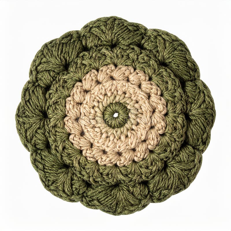 Overhead View of Green and Beige Crocheted Circular Flower on White Backdrop vector illustration