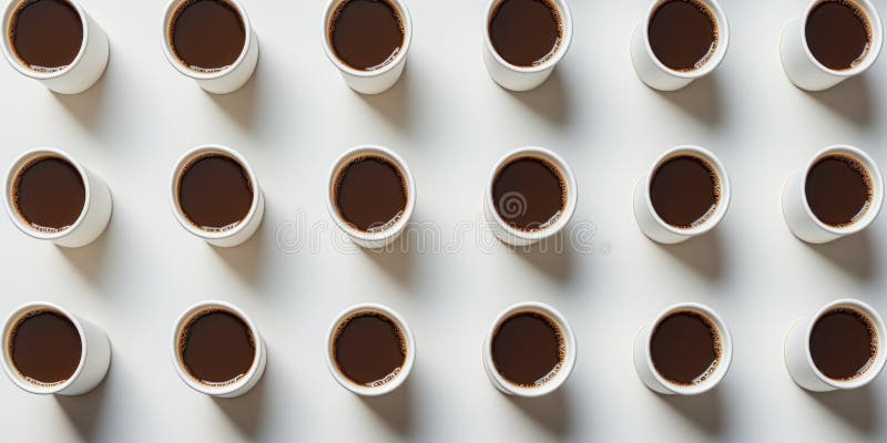 Overhead View Of Many Coffee Cups In Symmetrical Pattern. Array Of Full Coffee Cups. Generative AI vector illustration
