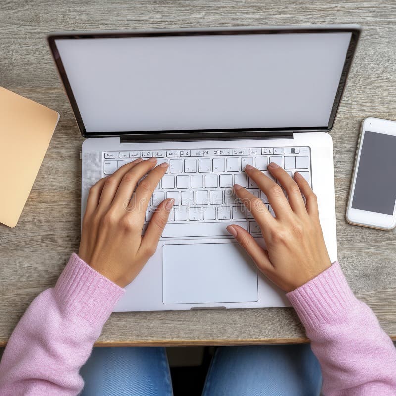 Overhead View of Person Typing on Laptop at Wooden Desk. Person s hands typing on a laptop keyboard, smartphone and envelope on wooden table. Overhead view
