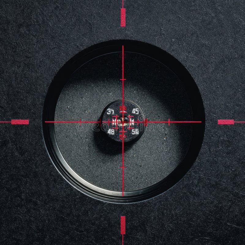 An overhead view of a precision aiming target featuring a bold red crosshair centered on a digital display with numerical indicators, symbolizing accuracy and technological focus. Aiming target illustrations