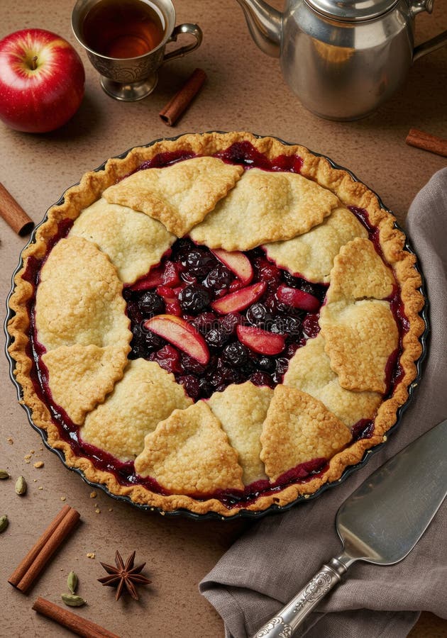 Overhead View Rustic Apple Berry Pie mit Gewürzen und Tee lizenzfreie abbildung