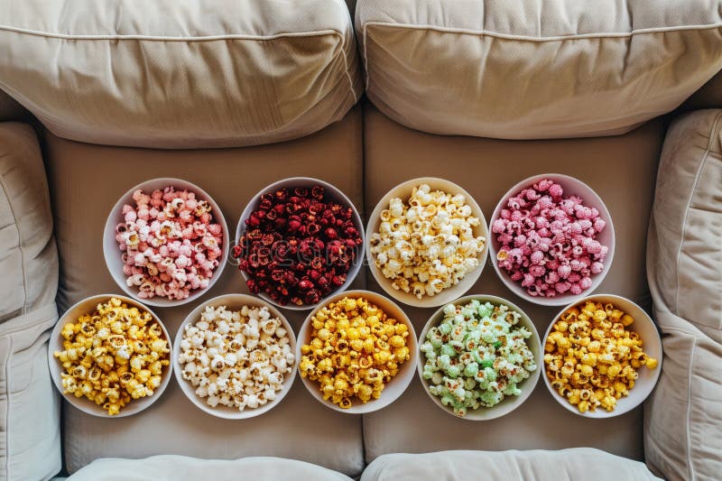 Overhead View of Sofa with Various Flavors of Popcorn Bowls Stock Photo