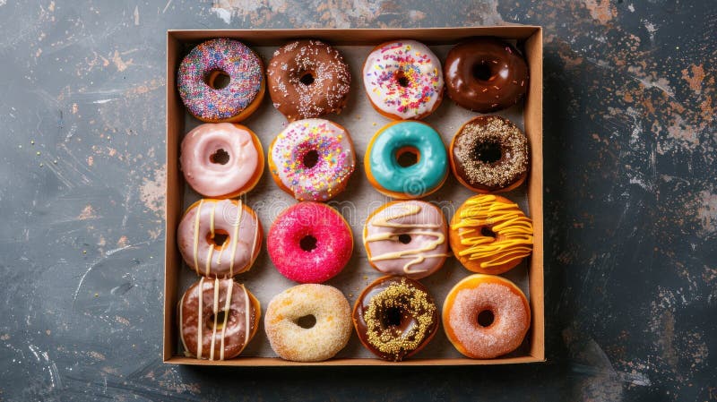 Overhead view of an sortiment of color Donuts in a box arrangerad royaltyfri illustrationer