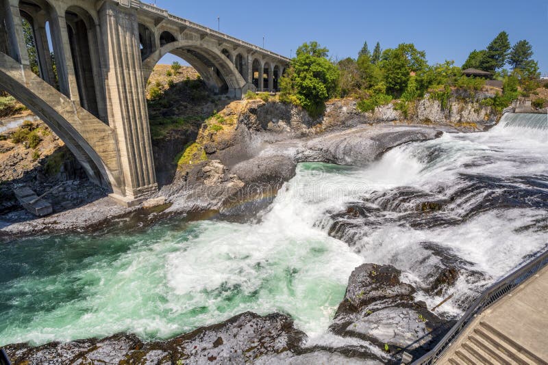 Overhead view of the whitewater Spokane Falls along the Spokane River at Riverfront Park, Spokane Washington stock photo Overhead view of the whitewater Spokane Falls along the Spokane River at Riverfront Park, Spokane Washington stock photo