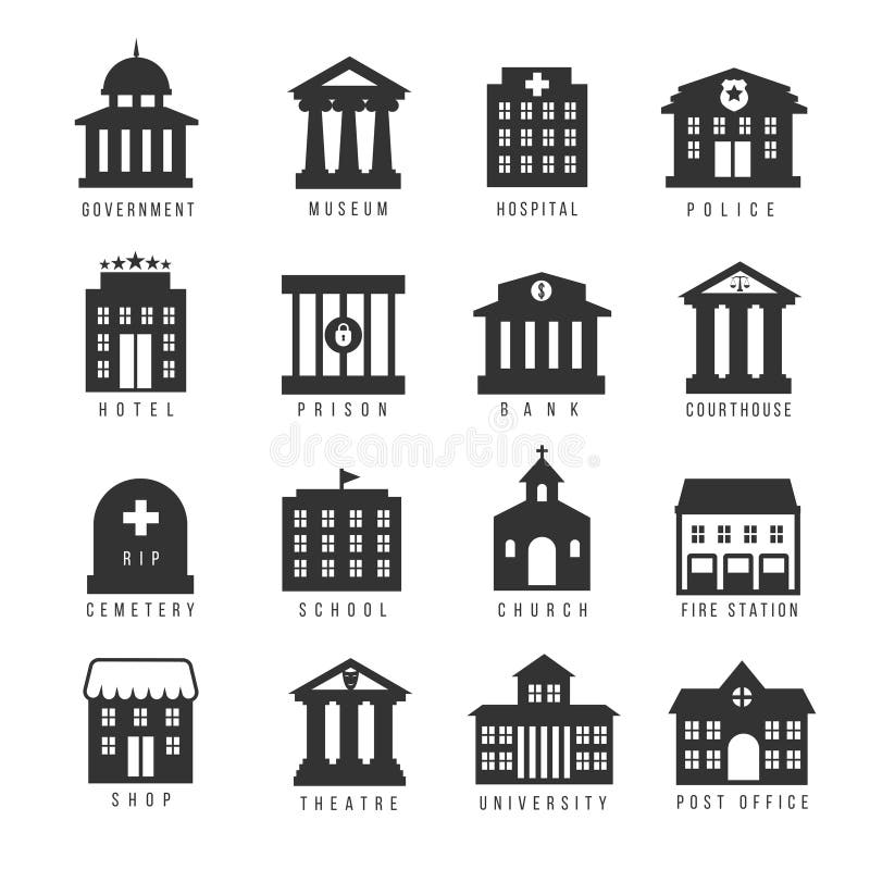 Overheid de reeks van het de bouwpictogram Vectorgebouwen zoals universiteit, politiebureau en stadhuis, het ziekenhuismuseum Overheid de reeks van het de bouwpictogram Vectorgebouwen zoals universiteit, politiebureau en stadhuis, het ziekenhuismuseum