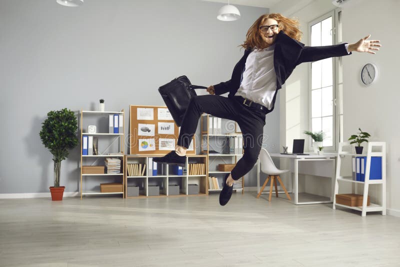 Funny Office Worker is Happy that Workday is Over and is Jumping High Ready  To Run Home Stock Photo - Image of office, modern: 210485896