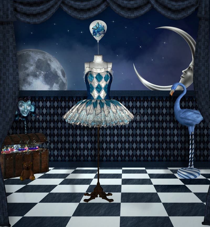 Room with a surreal dummy and a blue flamingo in the night time â€“ 3D illustration. Room with a surreal dummy and a blue flamingo in the night time â€“ 3D illustration