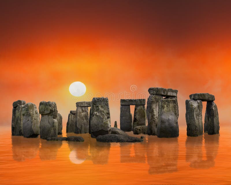 Overkliga Stonehenge, soluppgång, solnedgången som är forntida fördärvar, bakgrund royaltyfri bild