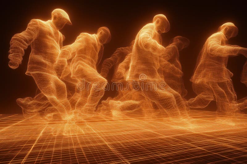 Quantum superposition visualized as multistate human floating above glowing atomic grid stock illustration