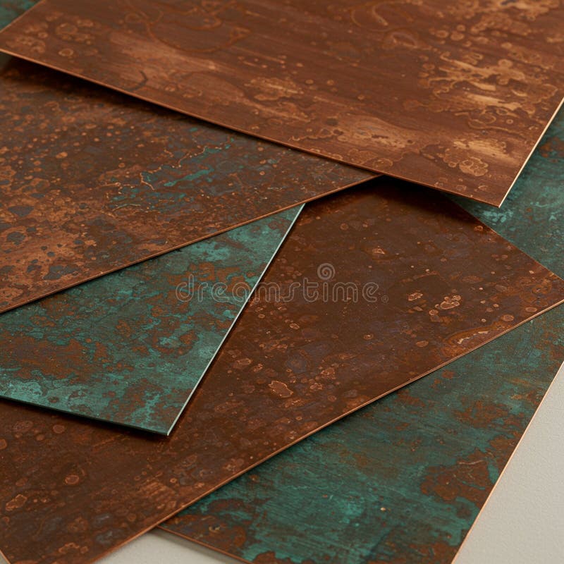 Overlapping sheets with a textured, rust-like pattern in shades of brown and teal. The surfaces display an uneven, organic appearance, reminiscent of corroded metal. The arrangement is diagonal, creating a layered effect. The colors and textures mimic the natural oxidization process, giving an industrial aesthetic. The sheets seem to be made from a lightweight material, possibly paper or thin cardboard, with a matte finish. Rust shades illustrations