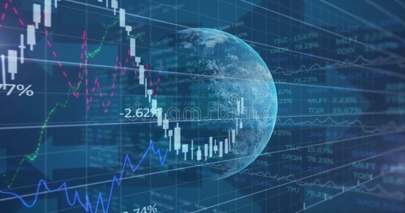 Overlaying digital globe with animation, financial data charts in blue tones stock illustration